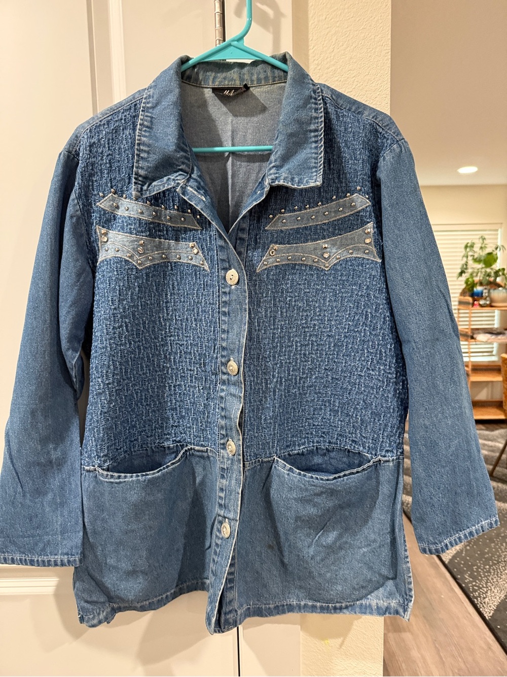 Vintage 1990’s- Denim Button-Front Jacket with Studded Yoke - Blue